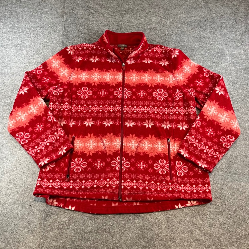 Talbots Womens Full Zip Fleece Jacket Red Fair‎ Isle Snowflake XL Winter Cozy